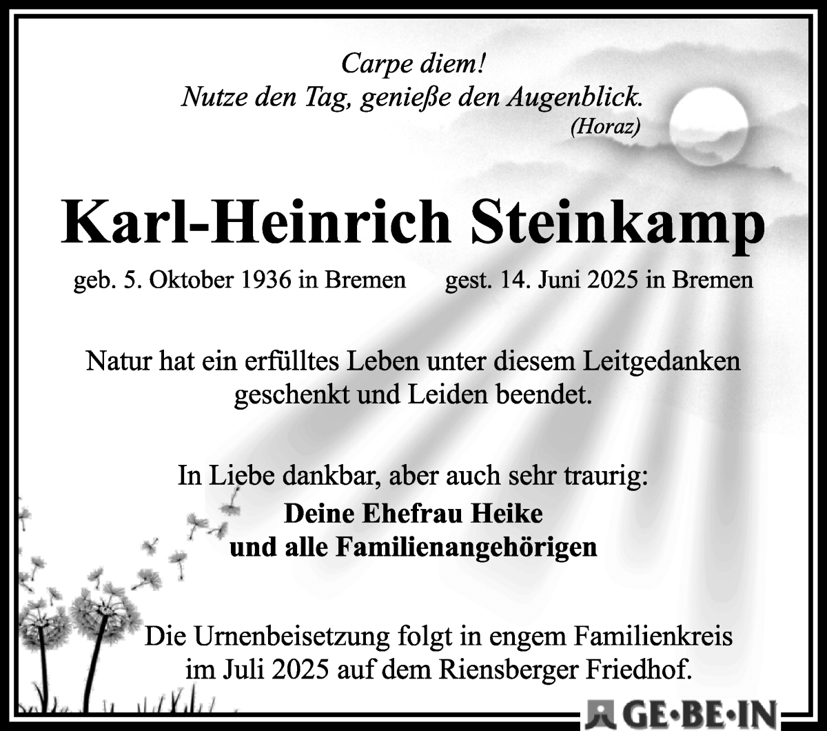 Traueranzeige von Karl-Heinrich Steinkamp von WESER-KURIER