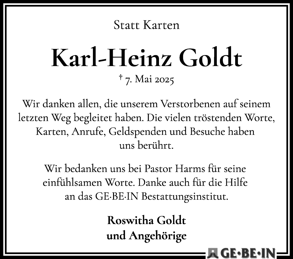 Traueranzeige von Karl-Heinz Goldt von WESER-KURIER