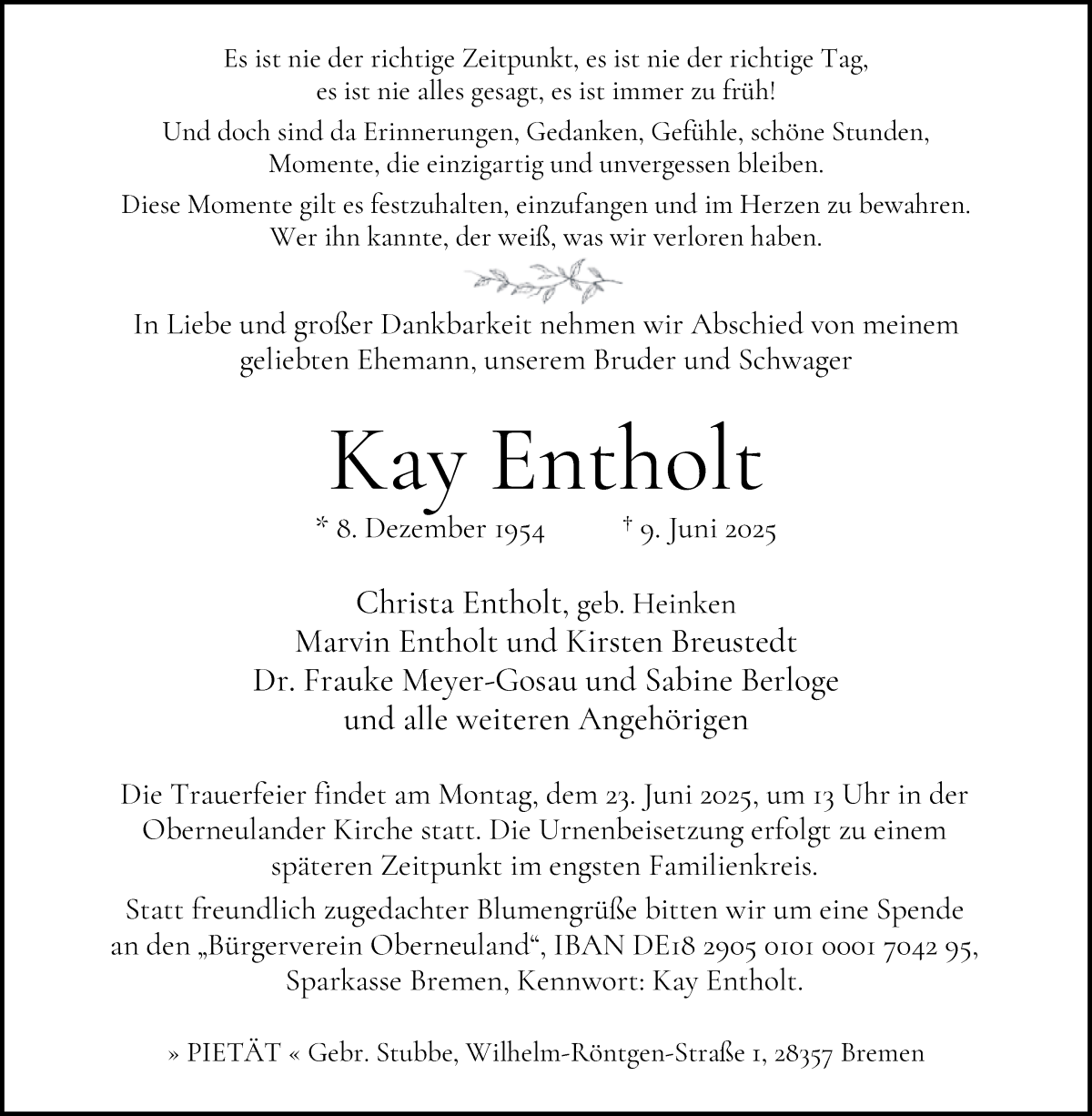 Traueranzeige von Kay Entholt von WESER-KURIER