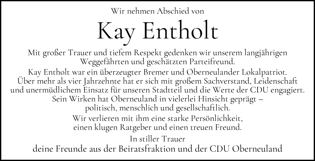 Traueranzeige von Kay Entholt von WESER-KURIER