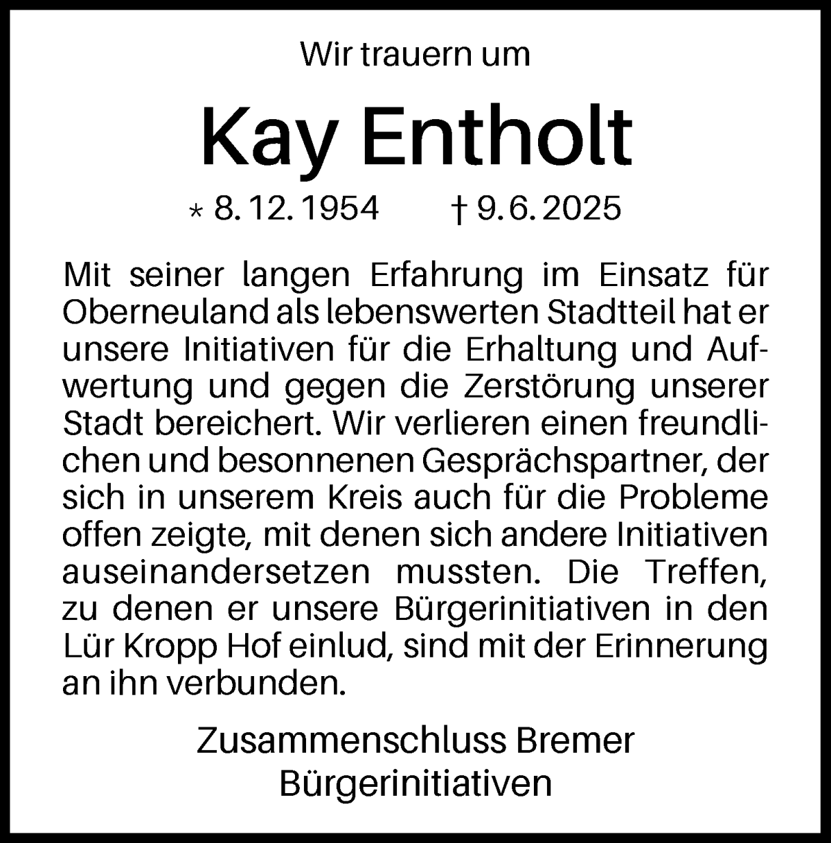 Traueranzeige von Kay Entholt von WESER-KURIER