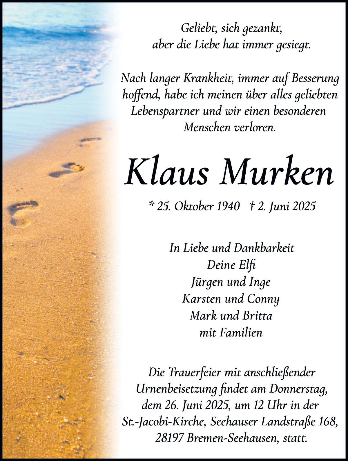Traueranzeige von Klaus Murken von WESER-KURIER