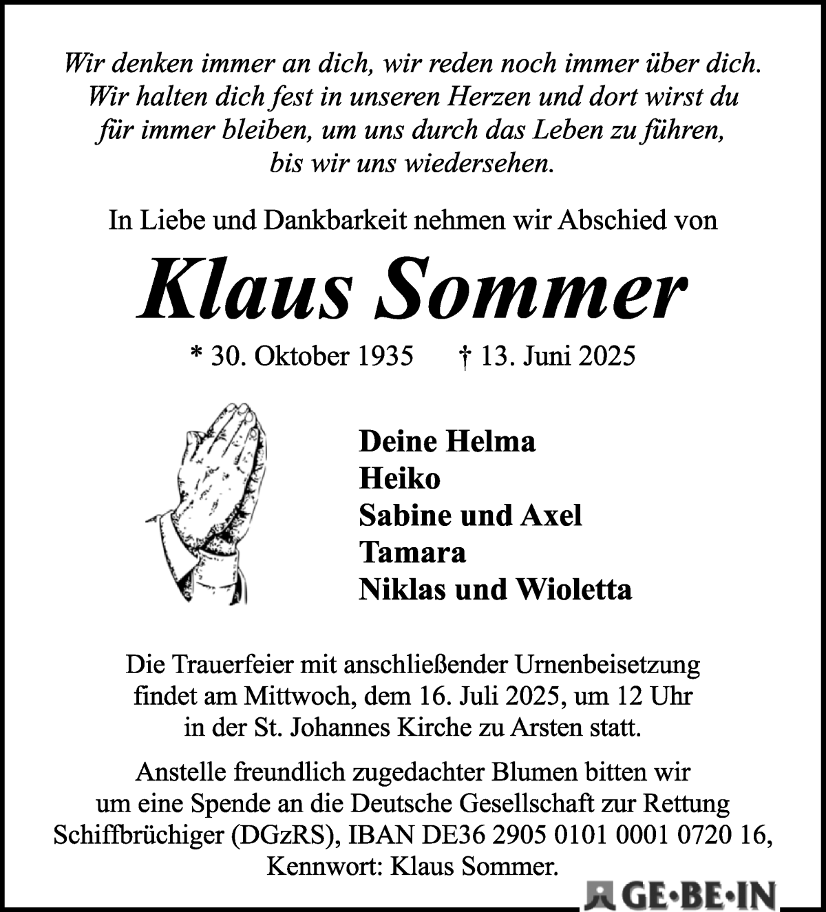 Traueranzeige von Klaus Sommer von WESER-KURIER