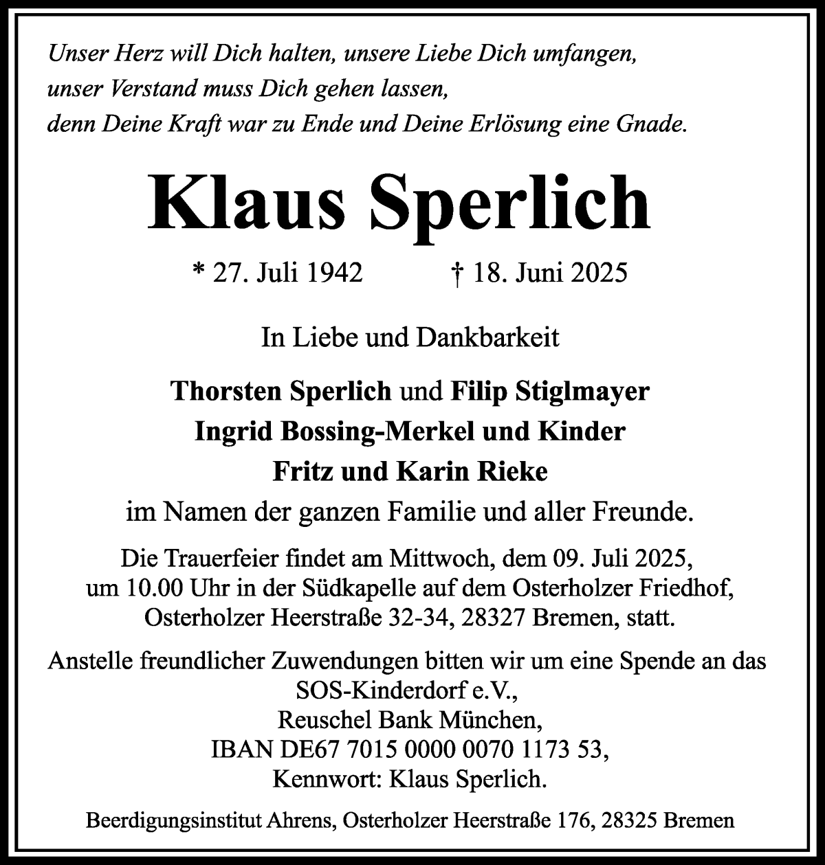 Traueranzeige von Klaus Sperlich von WESER-KURIER