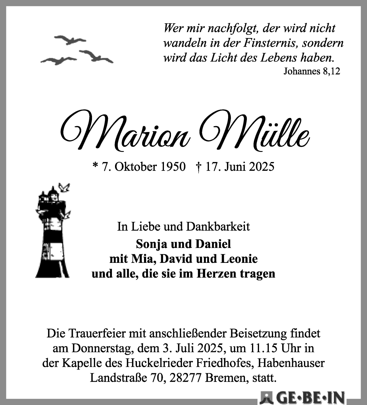 Traueranzeige von Marion Mülle von WESER-KURIER