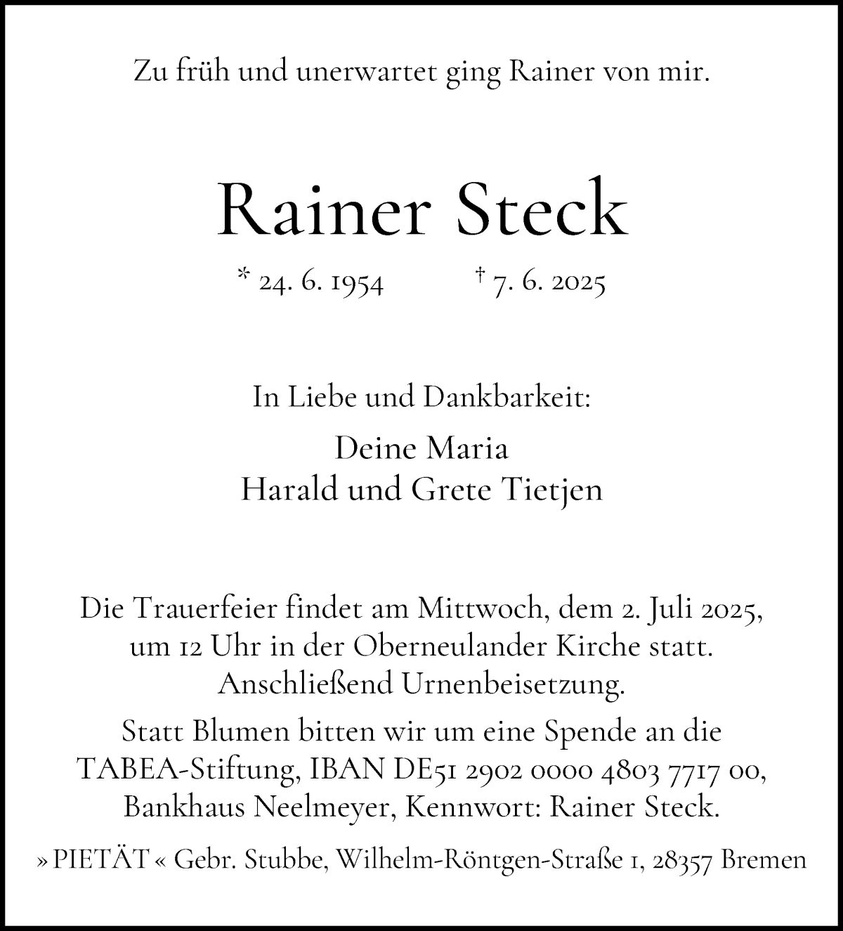 Traueranzeige von Rainer Steck von WESER-KURIER