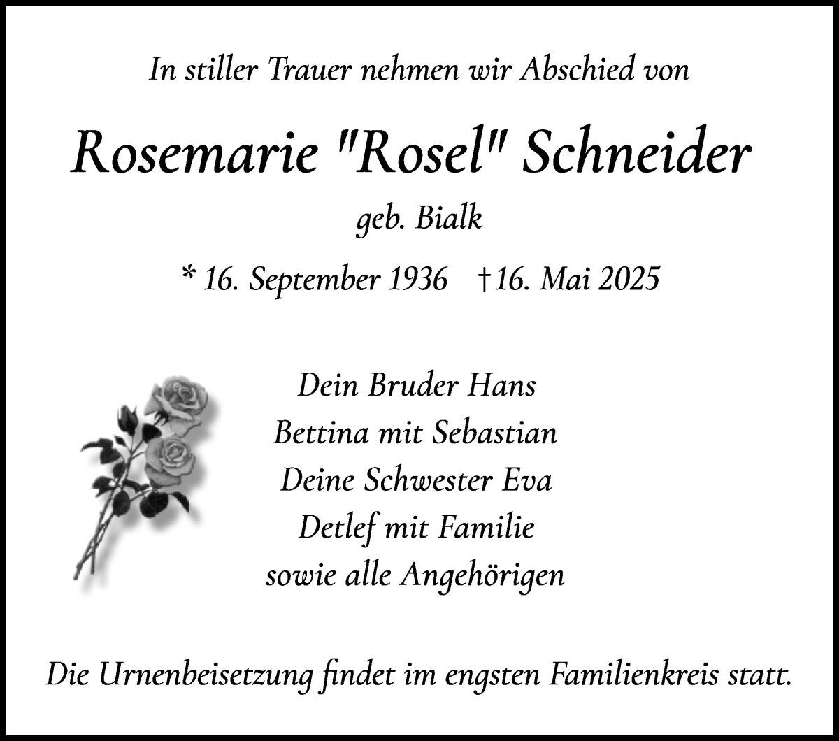 Traueranzeige von Rosemarie Schneider von WESER-KURIER