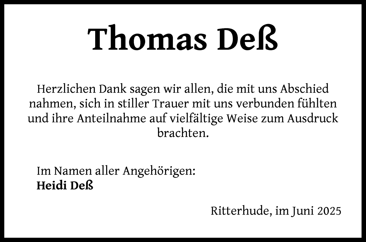 Traueranzeige von Thomas Deß von WESER-KURIER