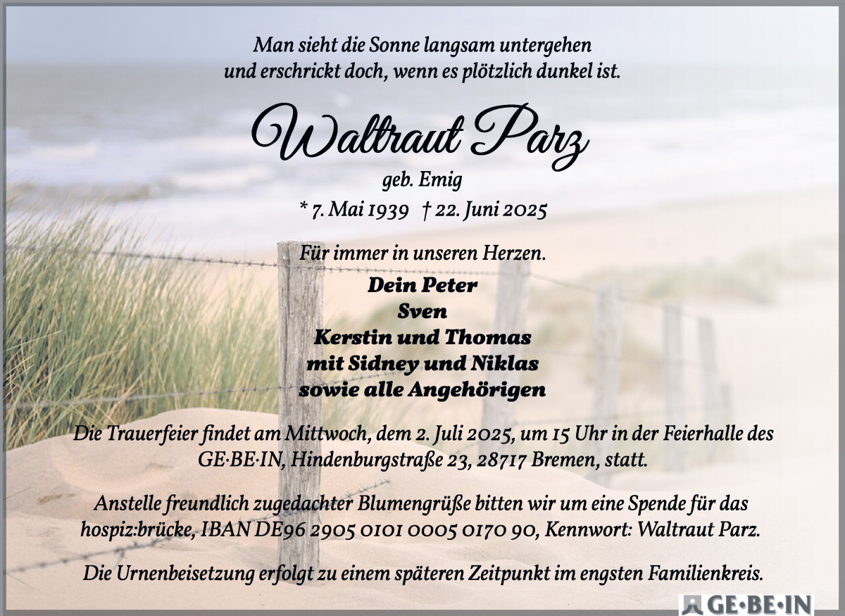 Traueranzeige von Waltraut Parz von WESER-KURIER