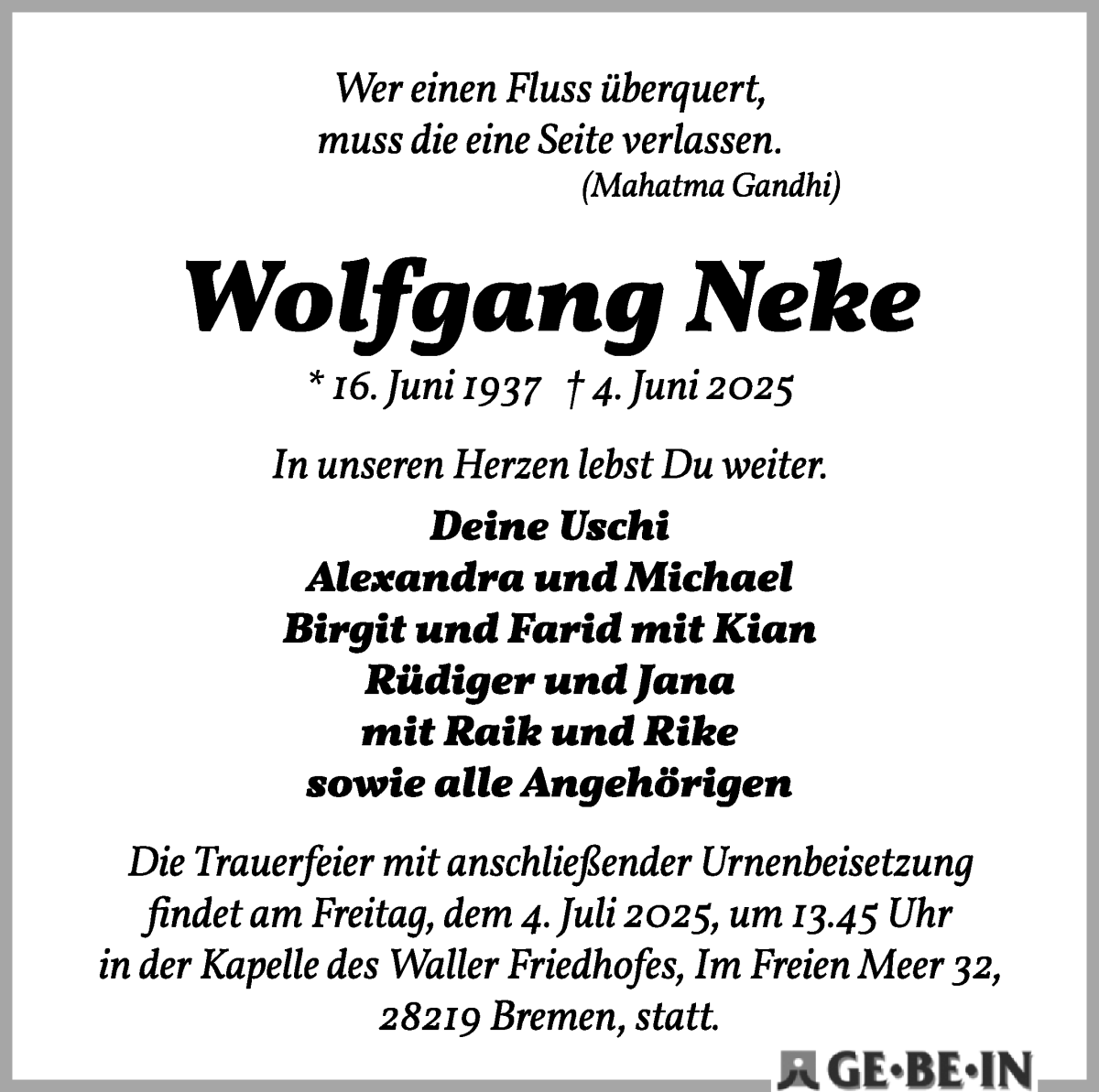Traueranzeige von Wolfgang Neke von WESER-KURIER