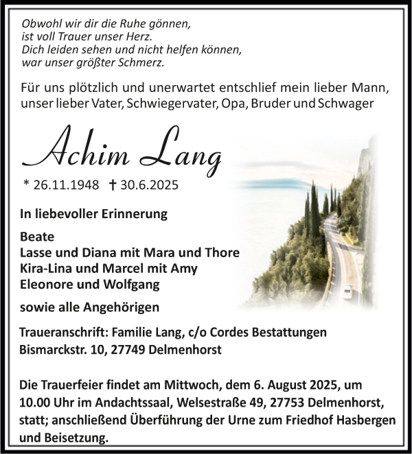 Traueranzeige von Achim Lang von WESER-KURIER