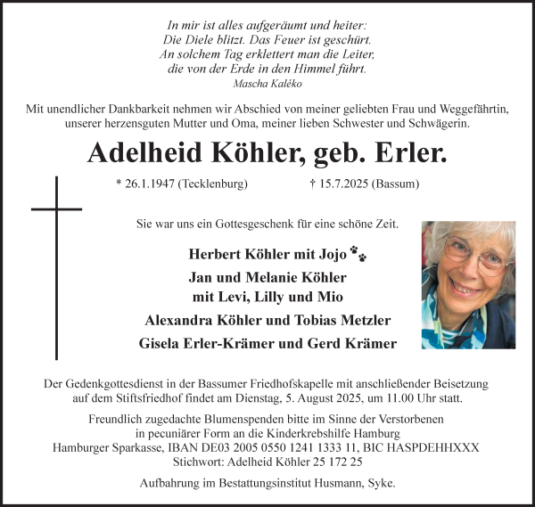 Traueranzeige von Adelheid Köhler von WESER-KURIER