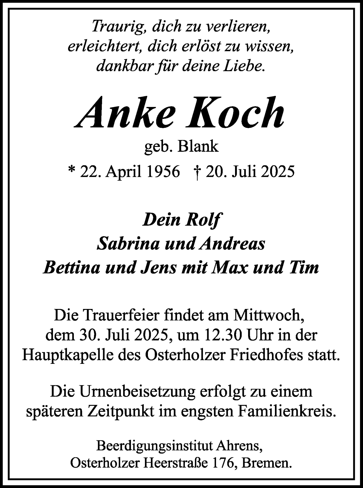 Traueranzeige von Anke Koch von WESER-KURIER