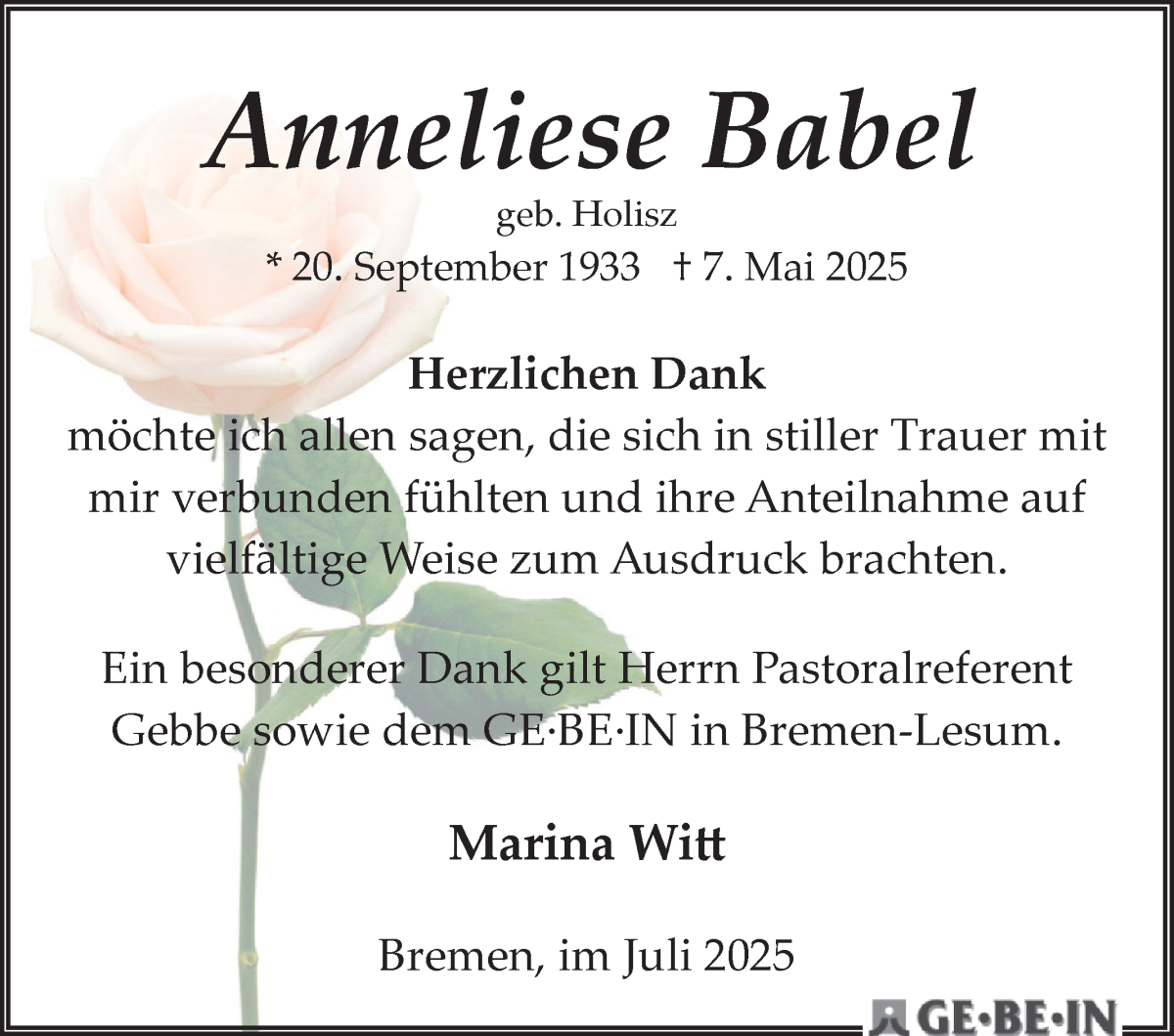 Traueranzeige von Anneliese Babel von WESER-KURIER