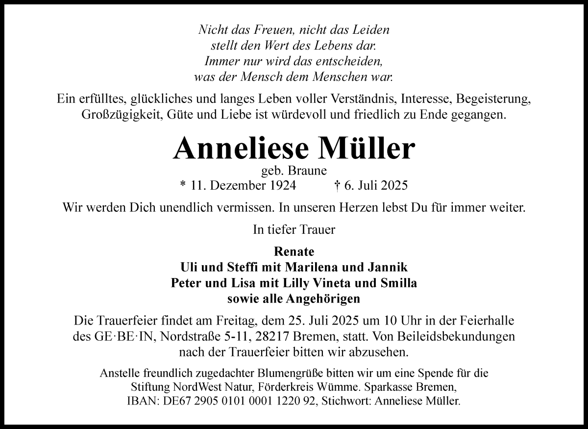 Traueranzeige von Anneliese Müller von WESER-KURIER