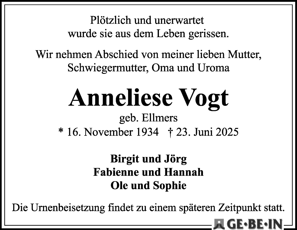 Traueranzeige von Anneliese Vogt von WESER-KURIER