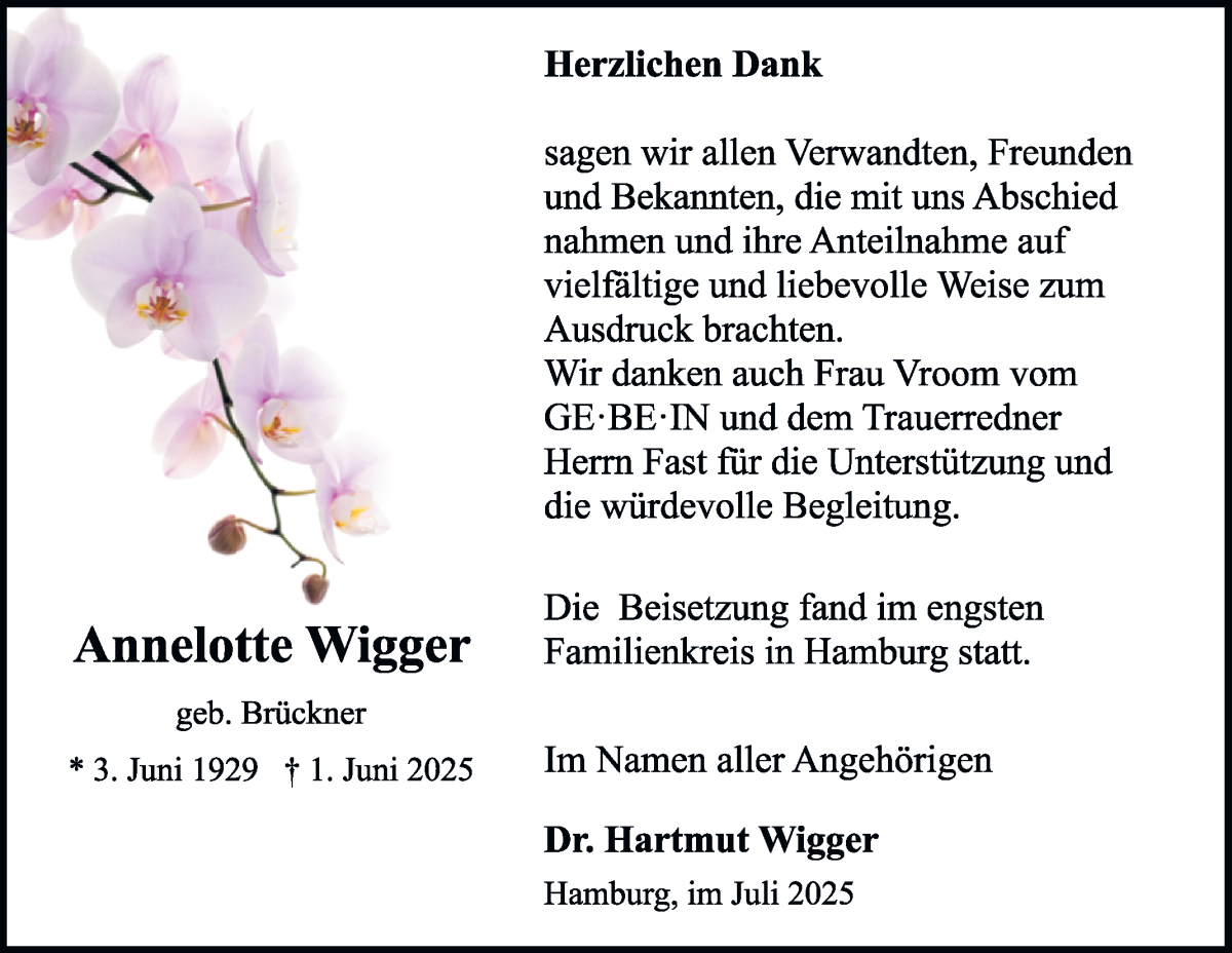  Traueranzeige für Annelotte Wigger vom 12.07.2025 aus WESER-KURIER