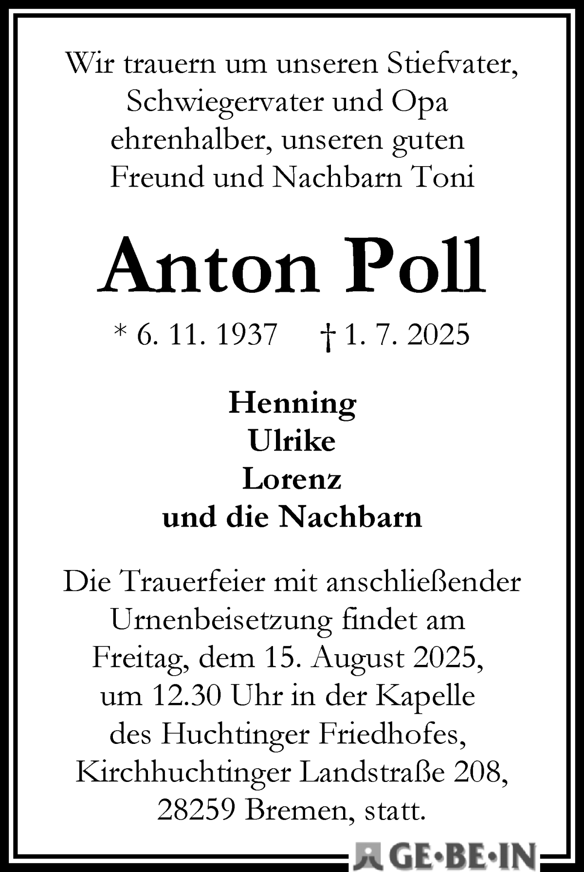 Traueranzeige von Anton Poll von WESER-KURIER