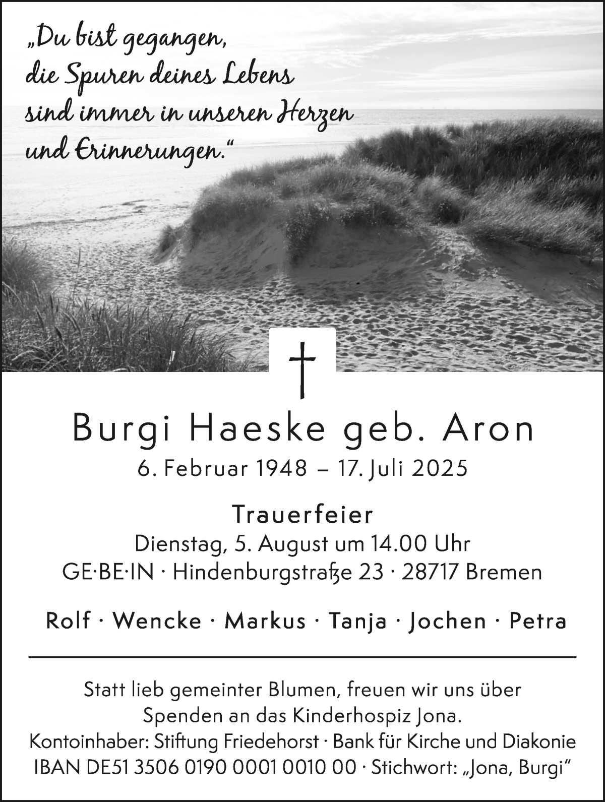 Traueranzeige von Burgi Haeske von WESER-KURIER