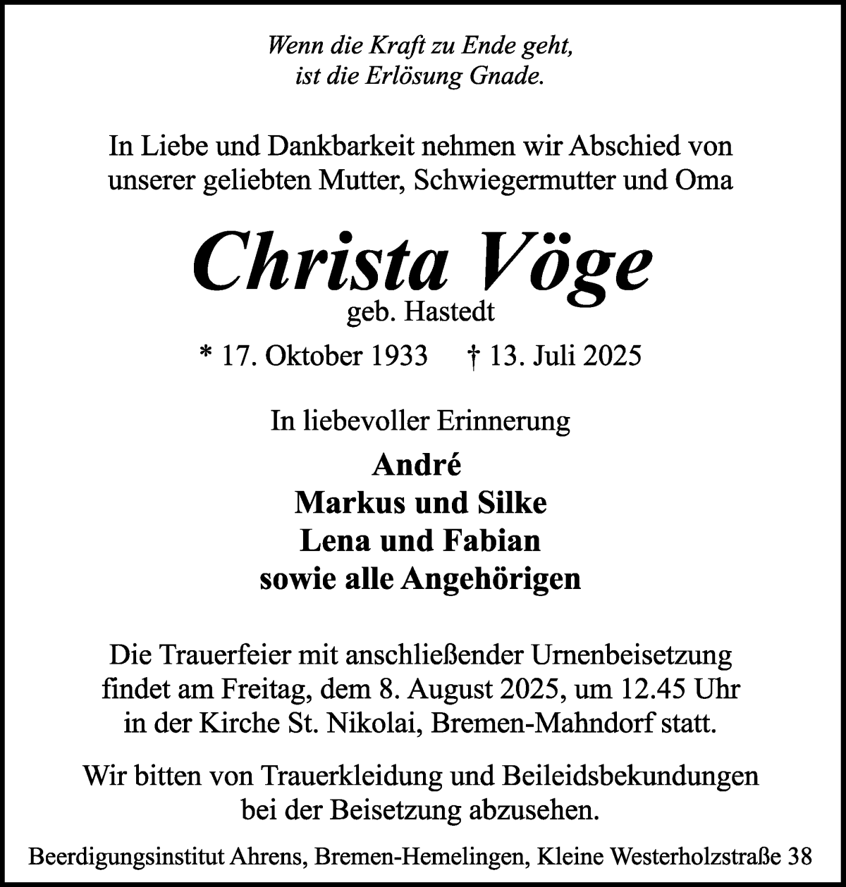 Traueranzeige von Christa Vöge von WESER-KURIER