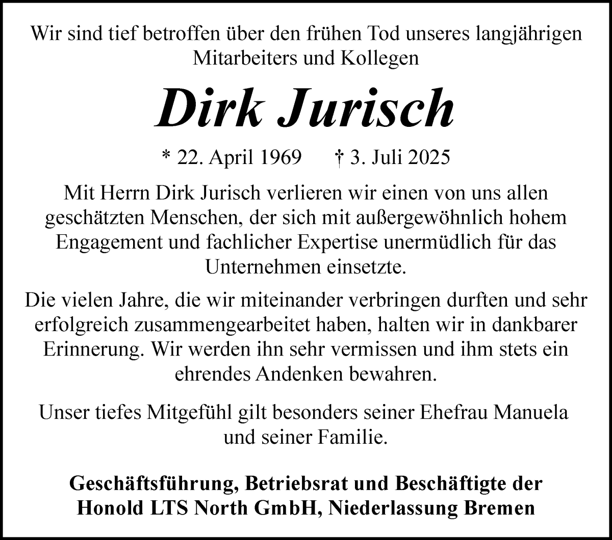  Traueranzeige für Dirk Jurisch vom 19.07.2025 aus WESER-KURIER