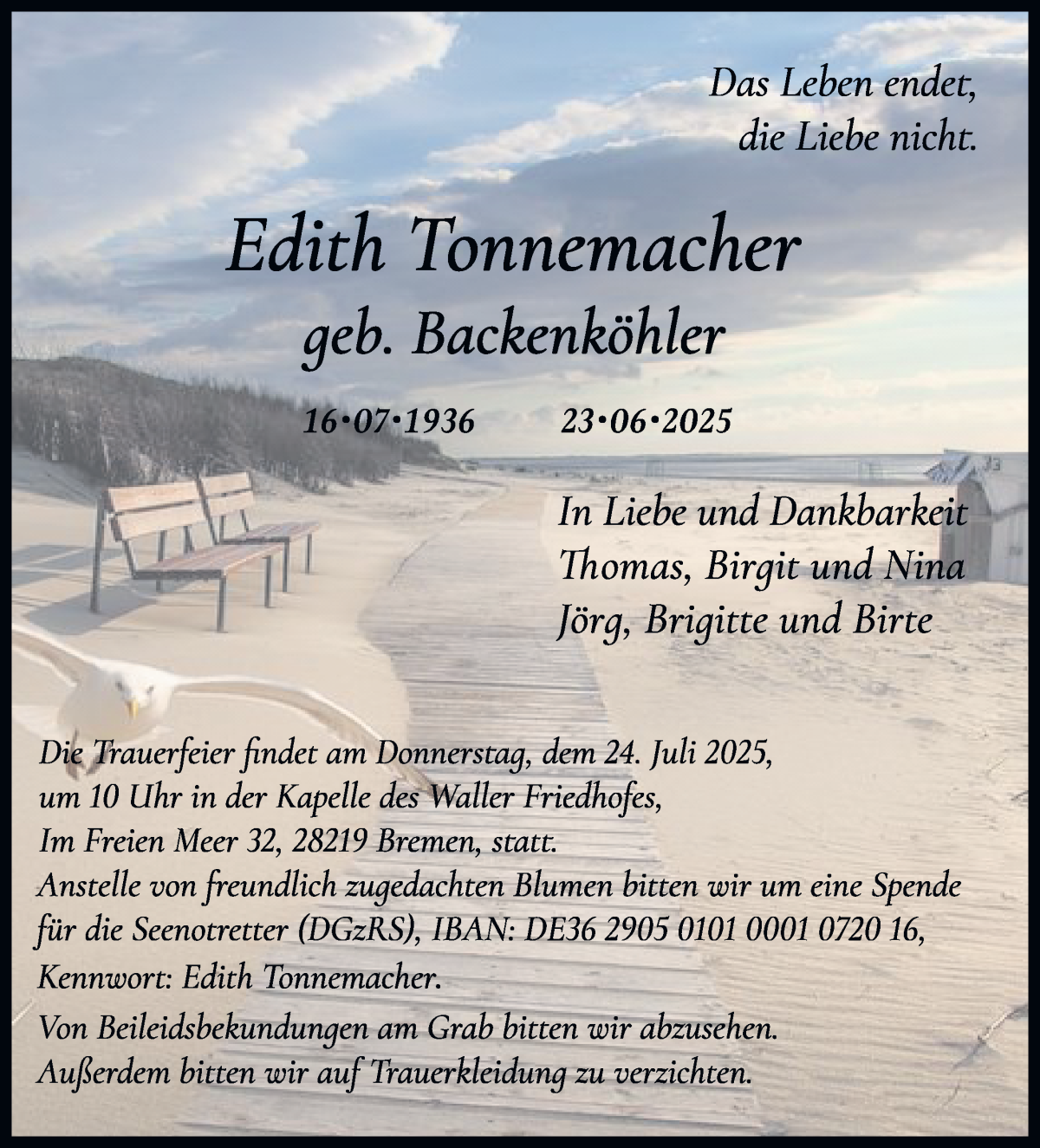 Traueranzeige von Edith Tonnemacher von WESER-KURIER