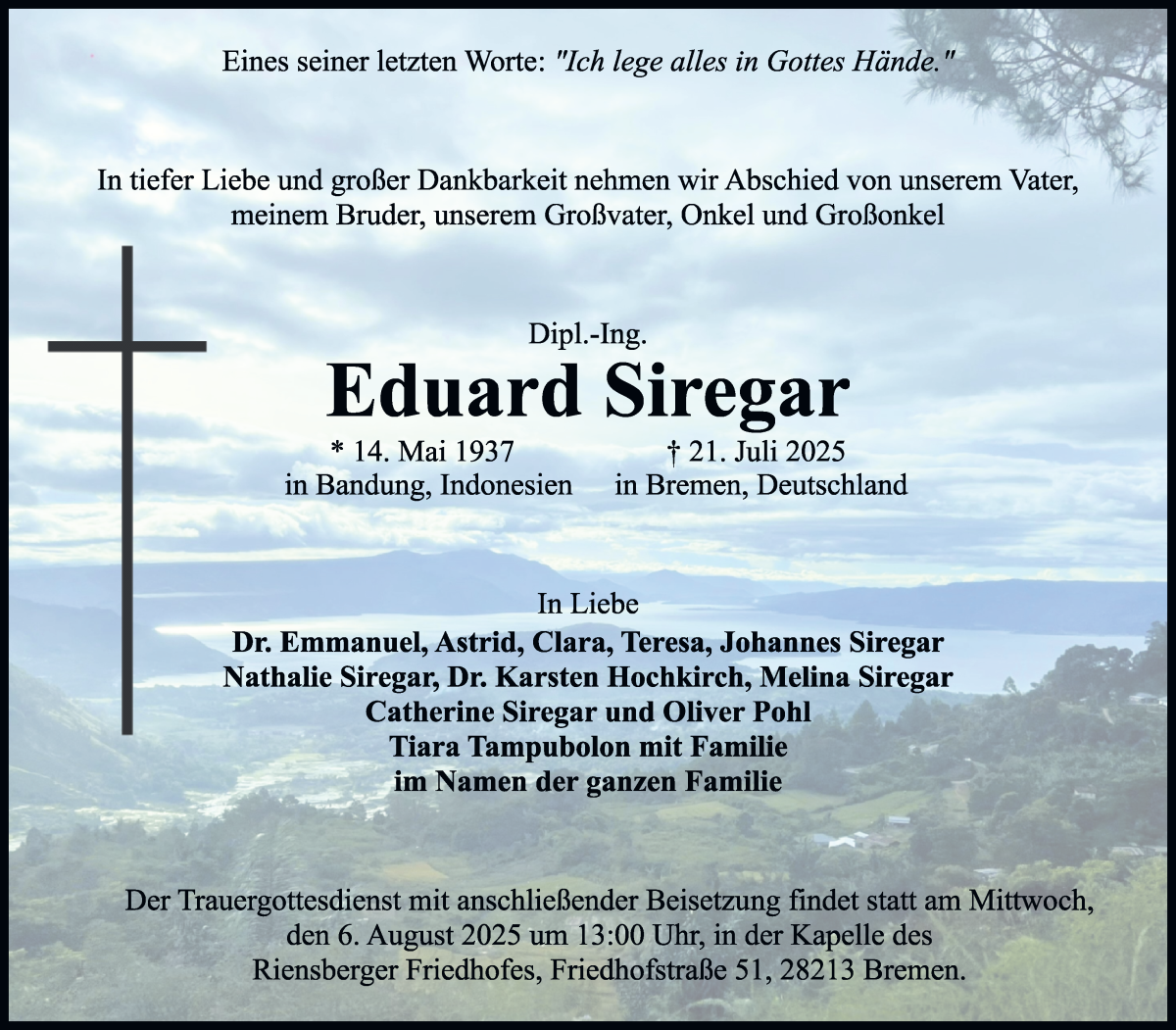 Traueranzeige von Eduard Siregar von WESER-KURIER