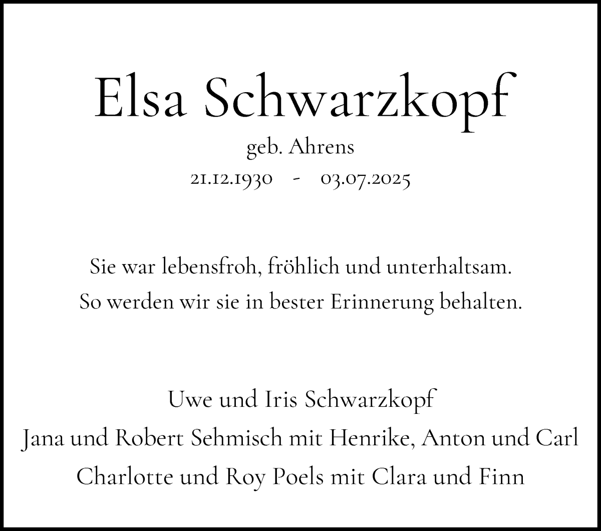 Traueranzeige von Elsa Schwarzkopf von WESER-KURIER