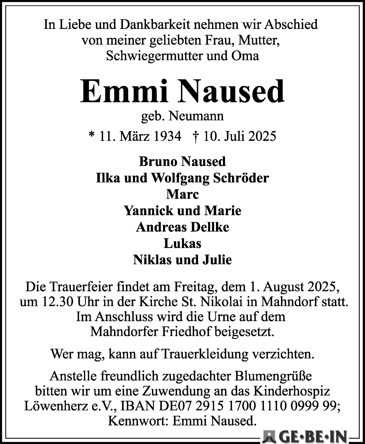 Traueranzeige von Emmi Naused von WESER-KURIER