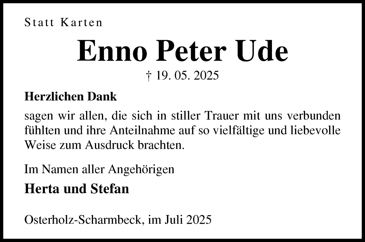 Traueranzeige von Enno Peter Ude von Osterholzer Kreisblatt