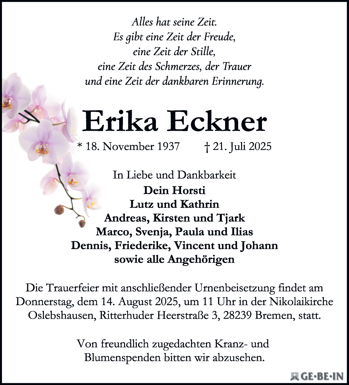 Traueranzeige von Erika Eckner von WESER-KURIER