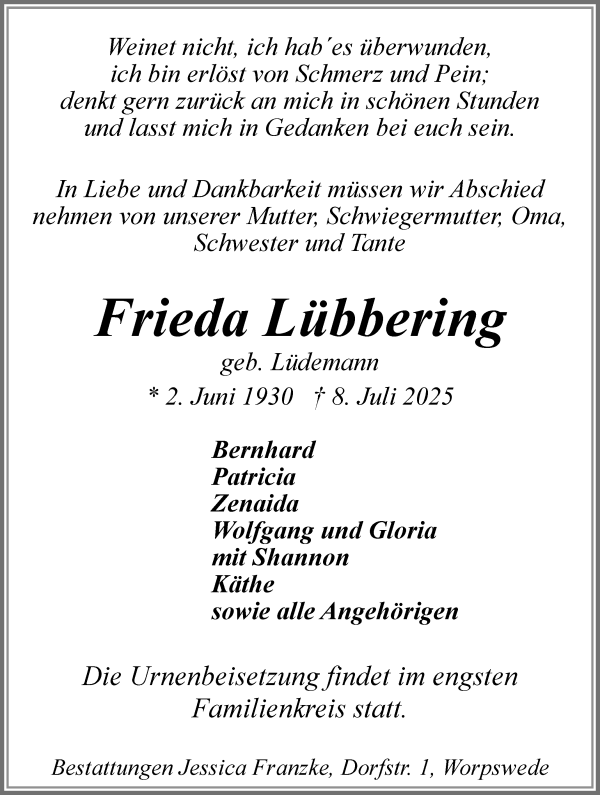 Traueranzeige von Frieda Lübbering von Wuemme Zeitung