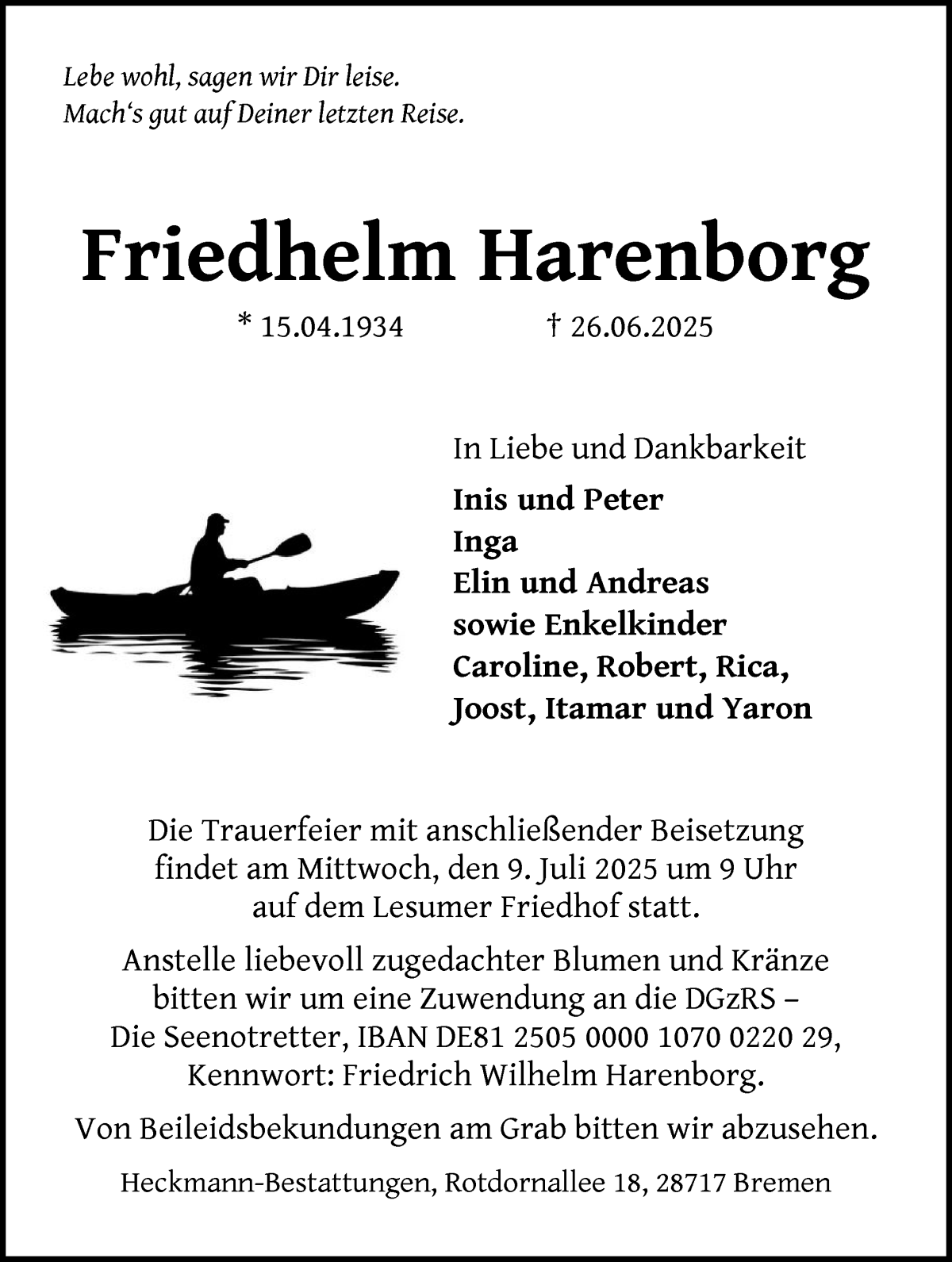 Traueranzeige von Friedhelm Harenborg von WESER-KURIER