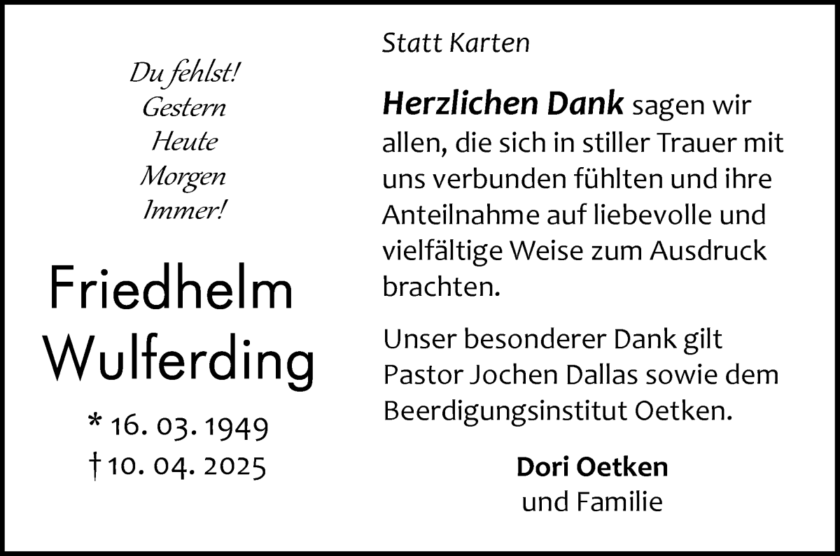 Traueranzeige von Friedhelm Wulferding von Die Norddeutsche