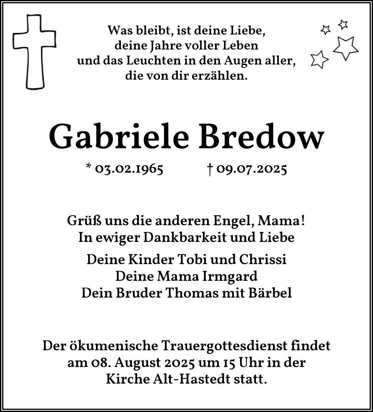 Traueranzeige von Gabriele Bredow von WESER-KURIER