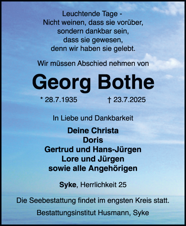Traueranzeige von Georg Bothe von Regionale Rundschau/Syker Kurier