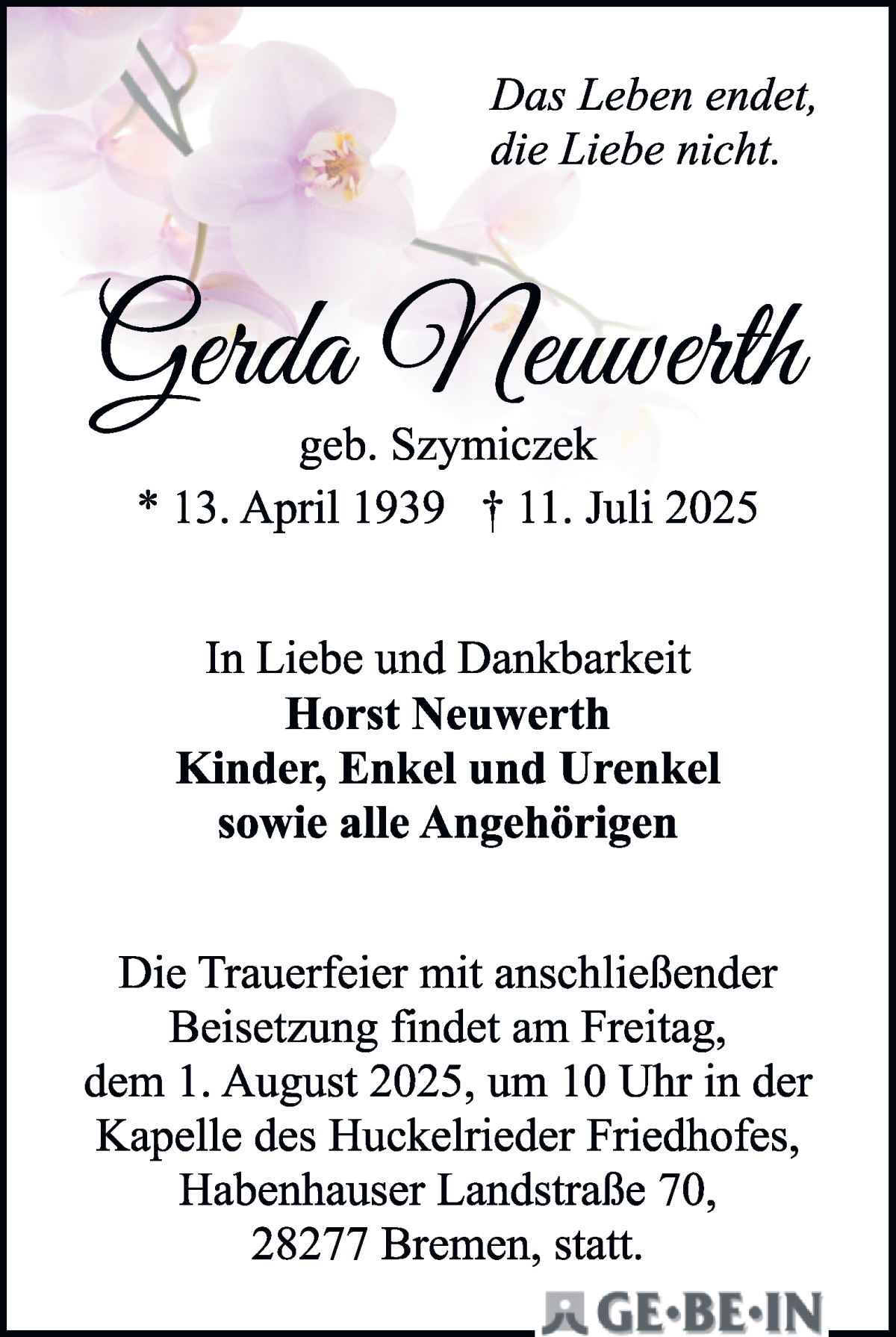 Traueranzeige von Gerda Neuwerth von WESER-KURIER