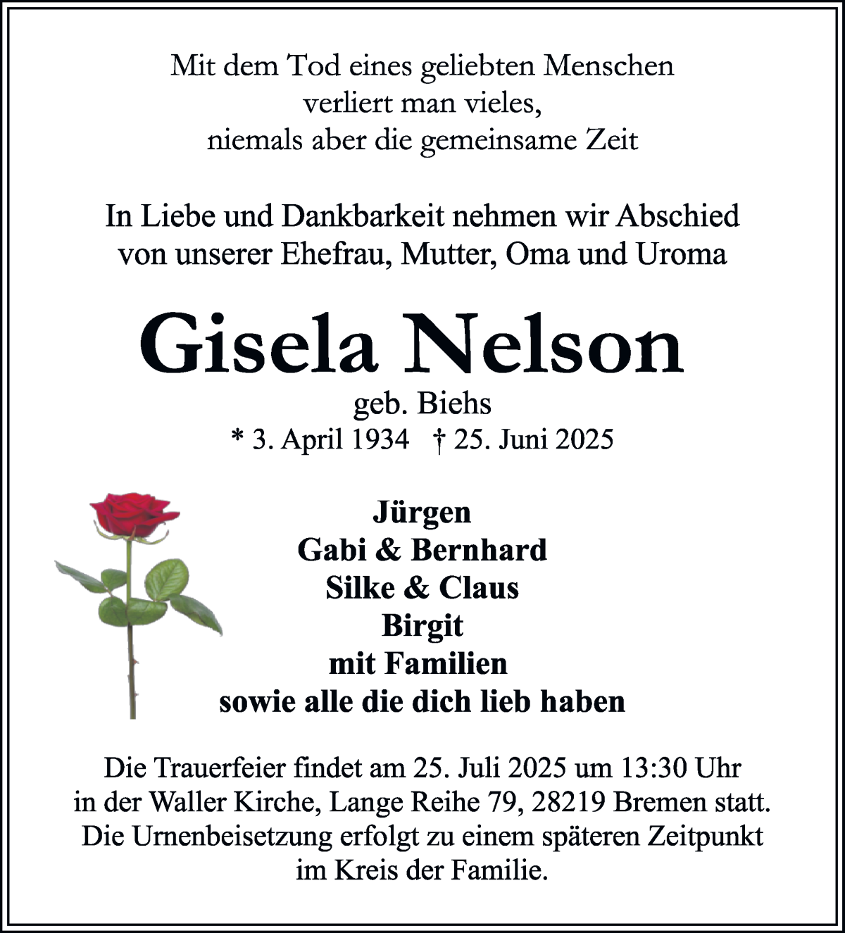 Traueranzeige von Gisela Nelson von WESER-KURIER