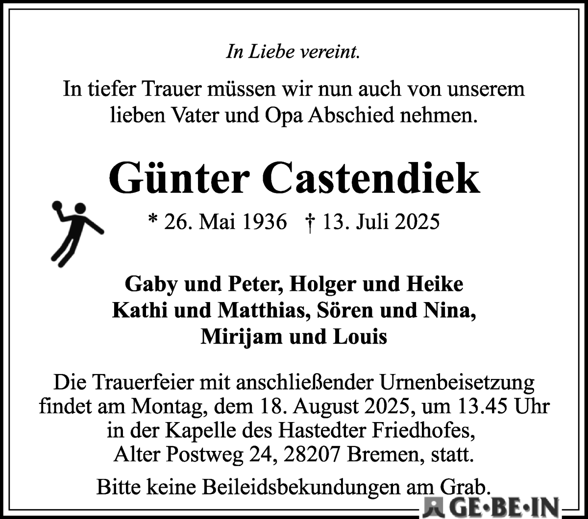 Traueranzeige von Günter Castendiek von WESER-KURIER