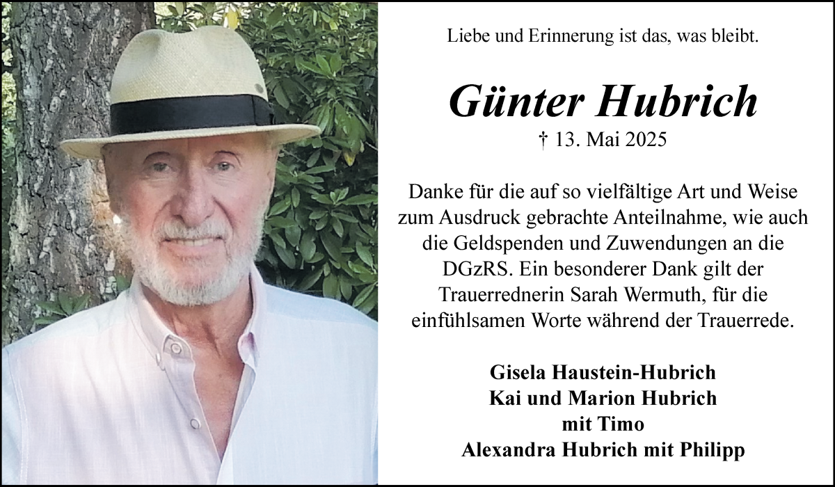 Traueranzeige von Günter Hubrich von WESER-KURIER