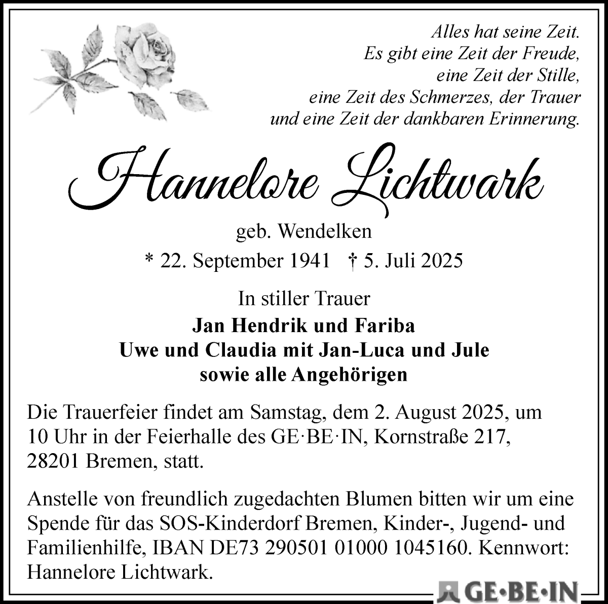Traueranzeige von Hannelore Lichtwark von WESER-KURIER