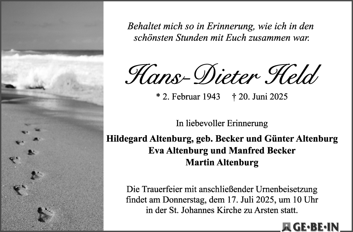 Traueranzeige von Hans-Dieter Held von WESER-KURIER