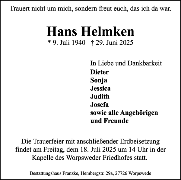 Traueranzeige von Hans Helmken von WESER-KURIER