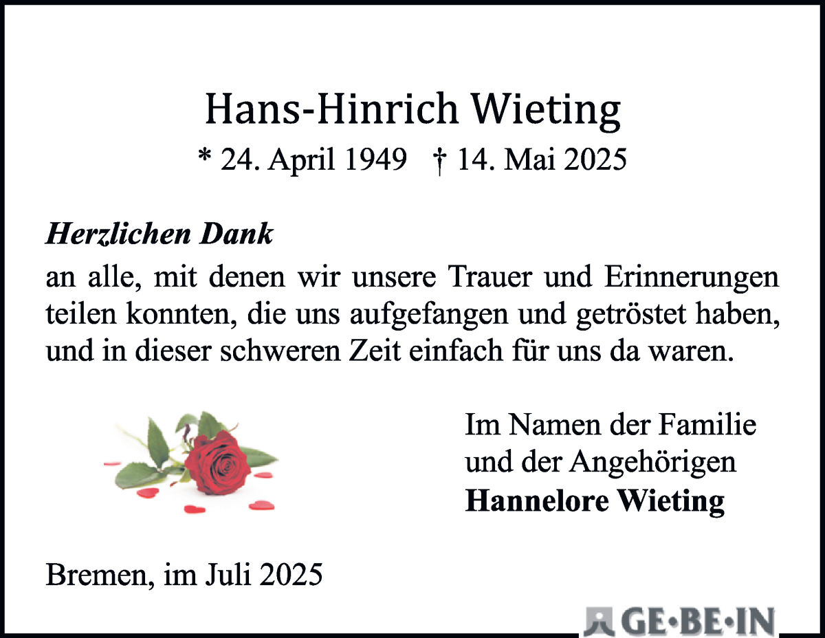 Traueranzeige von Hans-Hinrich Wieting von WESER-KURIER