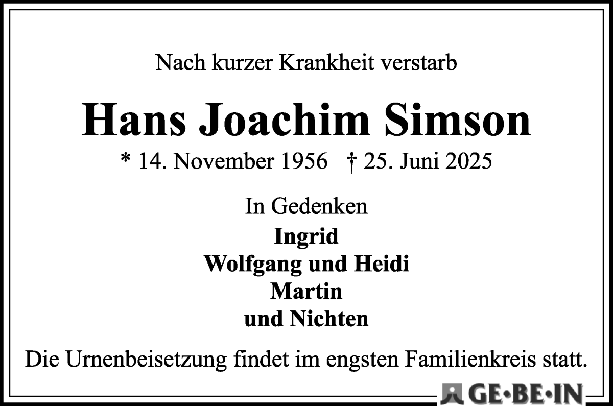 Traueranzeige von Hans Joachim Simon von WESER-KURIER