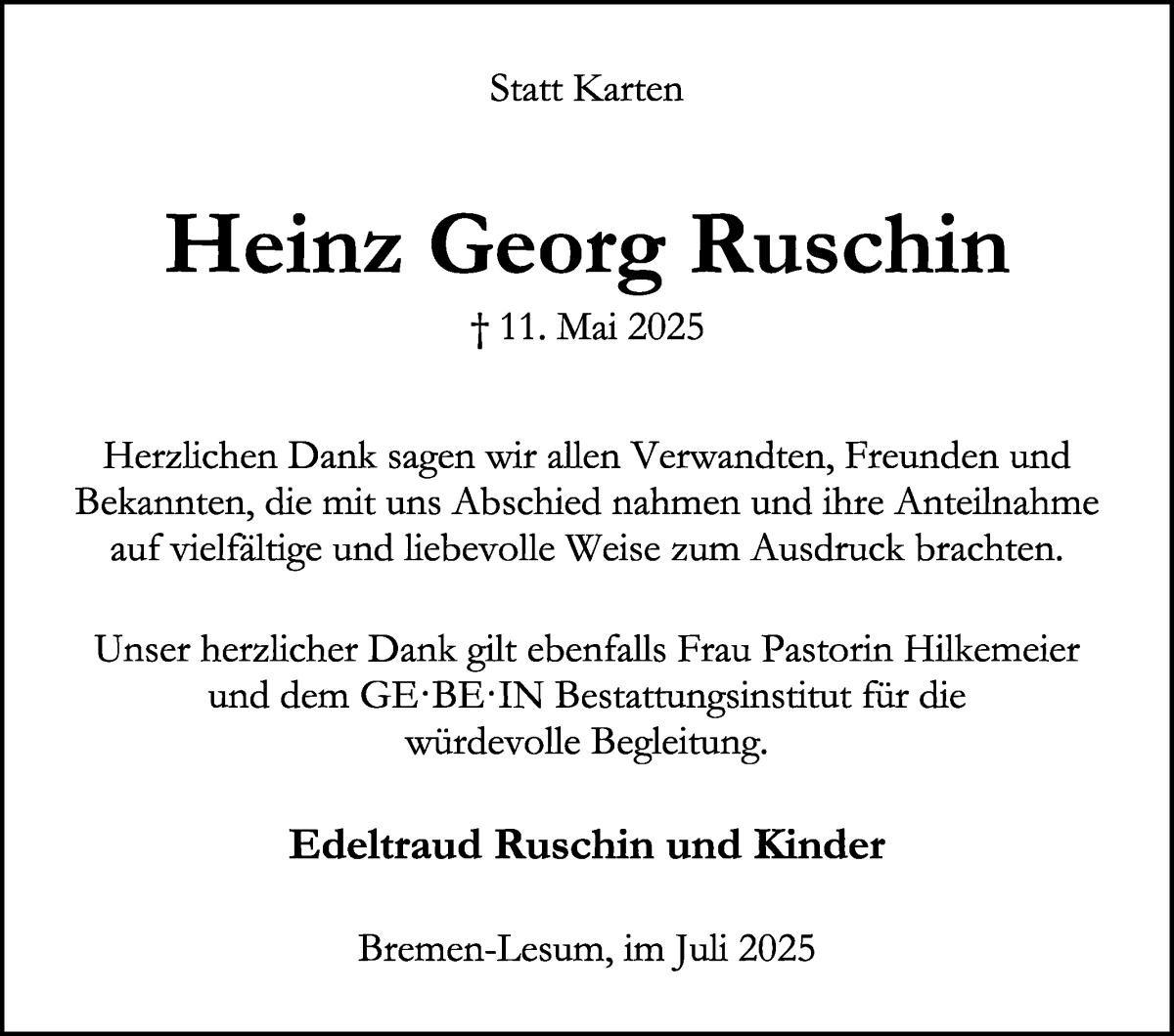Traueranzeige von Heinz Georg Ruschin von Die Norddeutsche