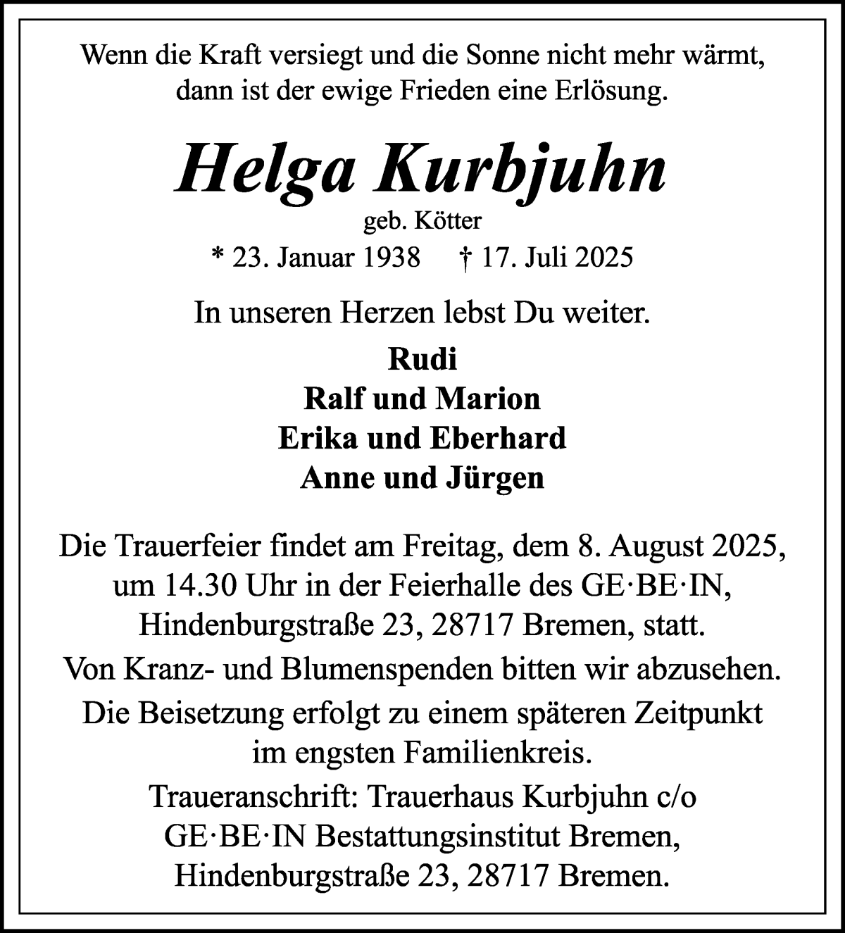 Traueranzeige von Helga Kurbjuhn von WESER-KURIER