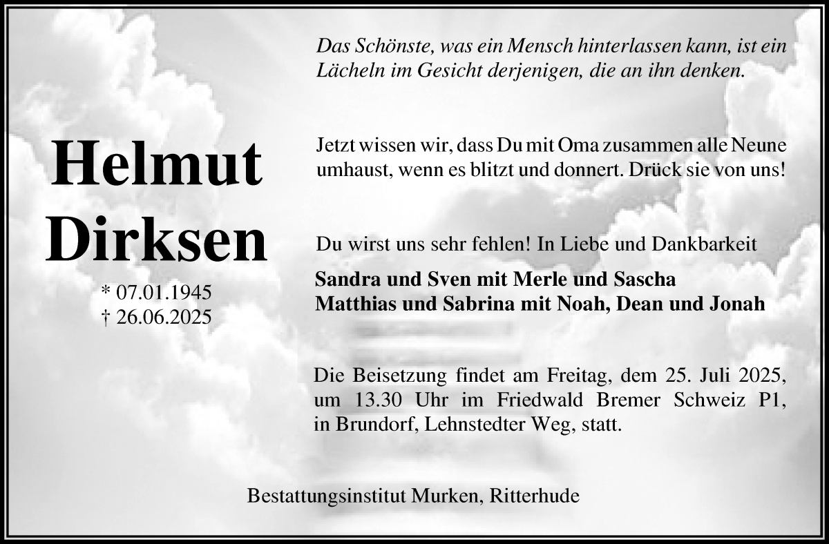 Traueranzeige von Helmut Dirksen von WESER-KURIER