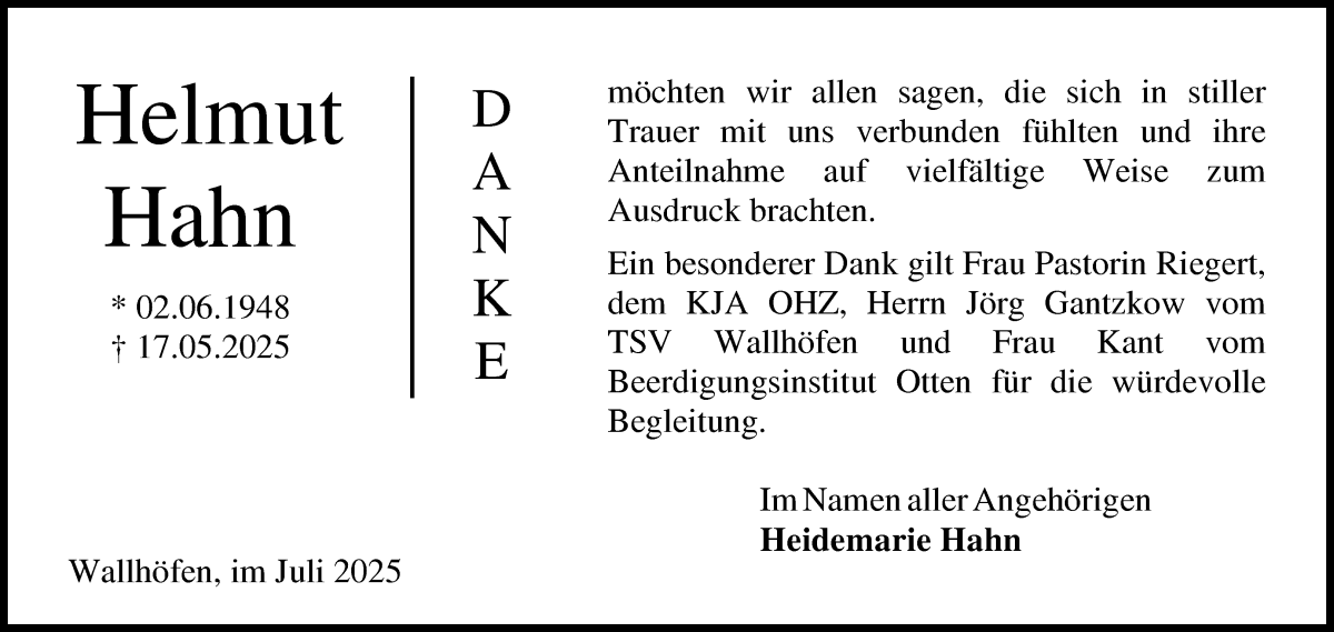 Traueranzeige von Helmut Hahn von Osterholzer Kreisblatt