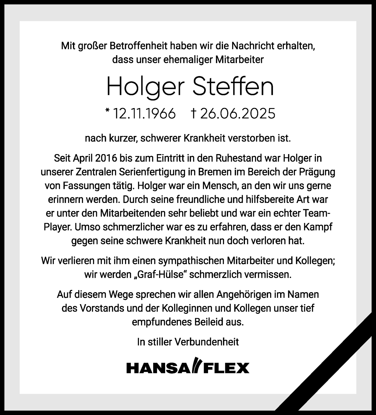 Traueranzeige von Holger Steffen von WESER-KURIER
